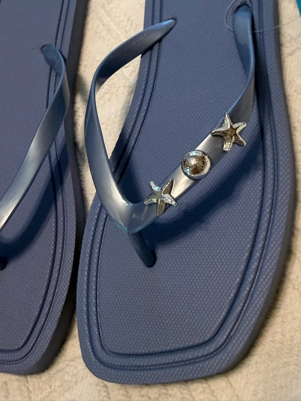 Sandals Flip Flops slip on - size 7/8 medium NEW!  Blue w/silver sea accents - Picture 5 of 10